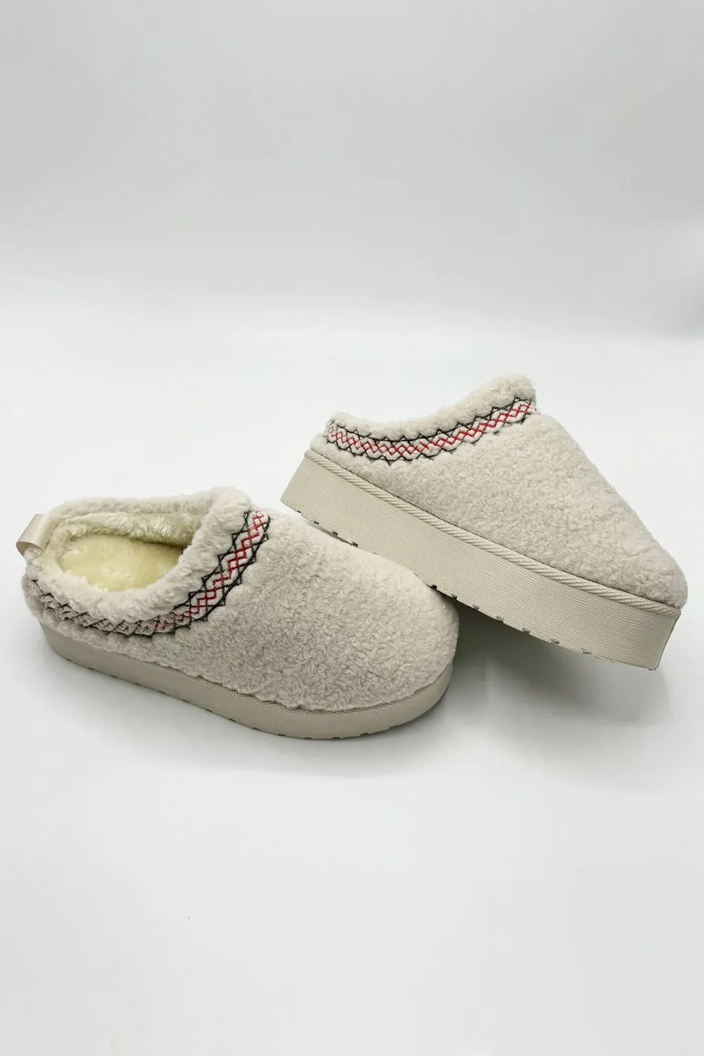 Ovellas Teddy Fabric Flatform Cosy Slippers in Beige