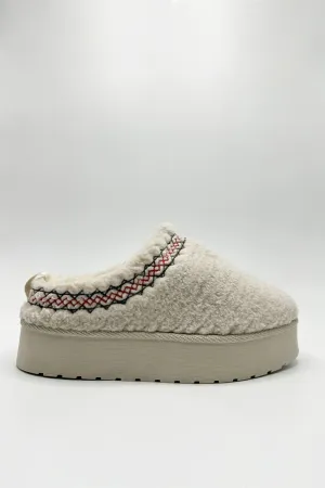 Ovellas Teddy Fabric Flatform Cosy Slippers in Beige