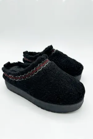 Ovellas Teddy Fabric Flatform Cosy Slippers in Black