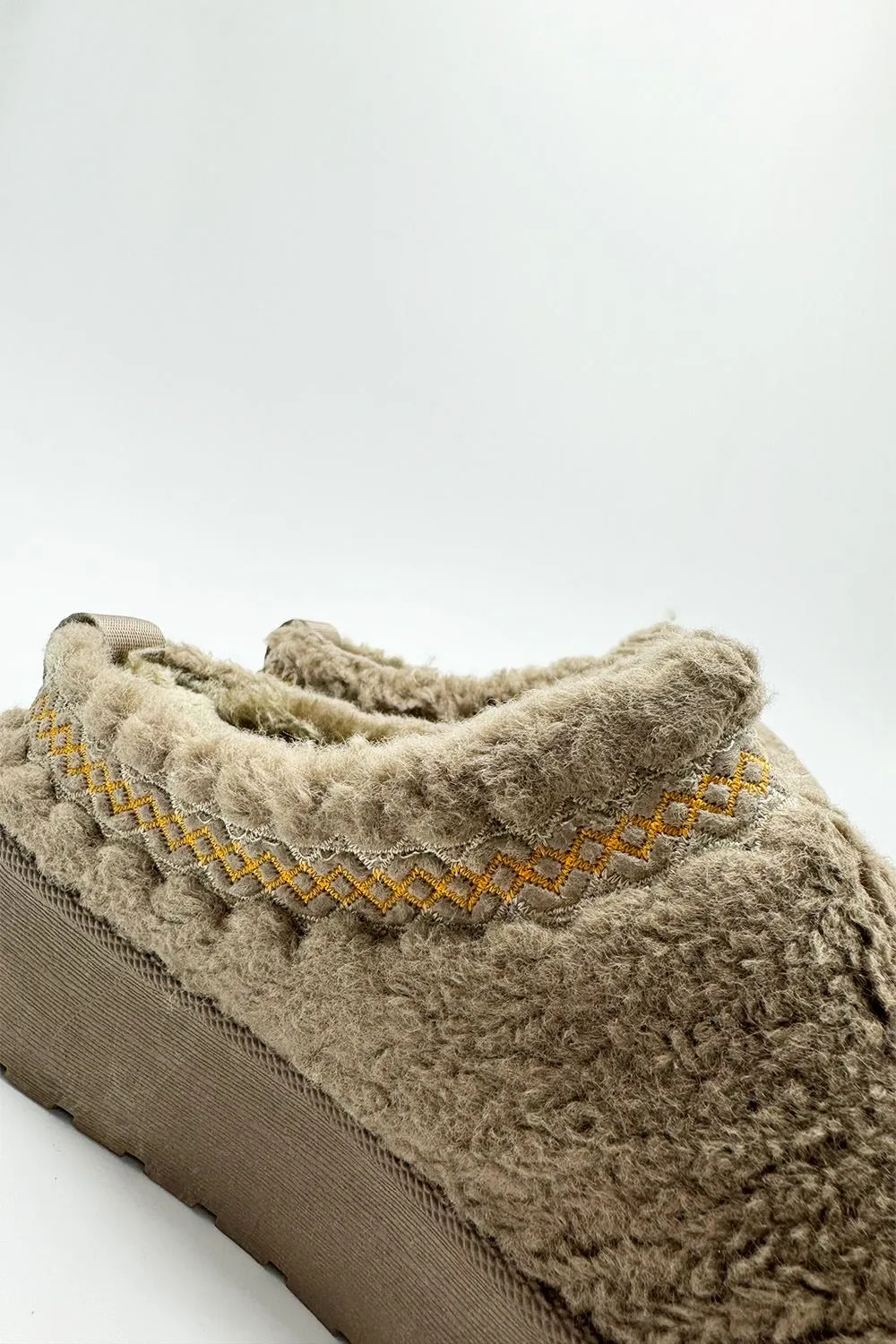 Ovellas Teddy Fabric Flatform Cosy Slippers in Taupe