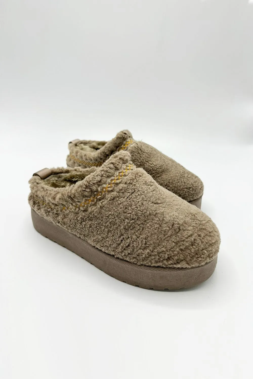 Ovellas Teddy Fabric Flatform Cosy Slippers in Taupe