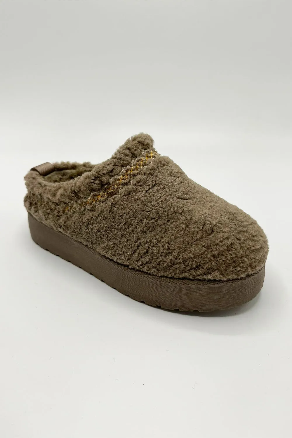 Ovellas Teddy Fabric Flatform Cosy Slippers in Taupe