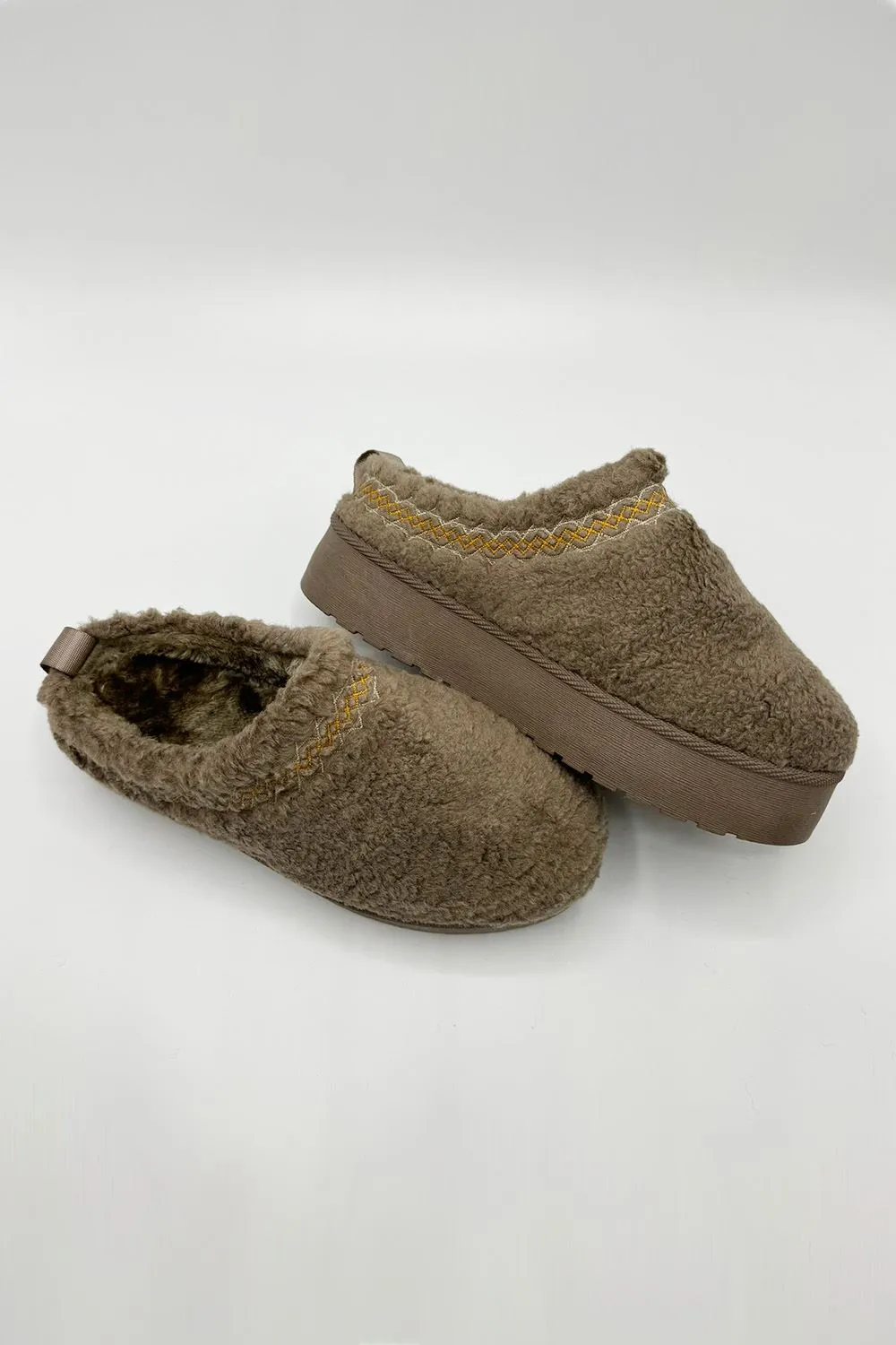 Ovellas Teddy Fabric Flatform Cosy Slippers in Taupe