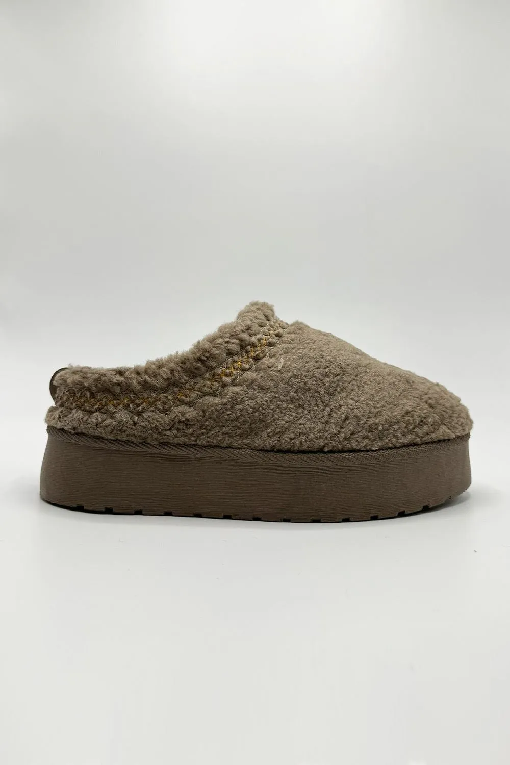 Ovellas Teddy Fabric Flatform Cosy Slippers in Taupe