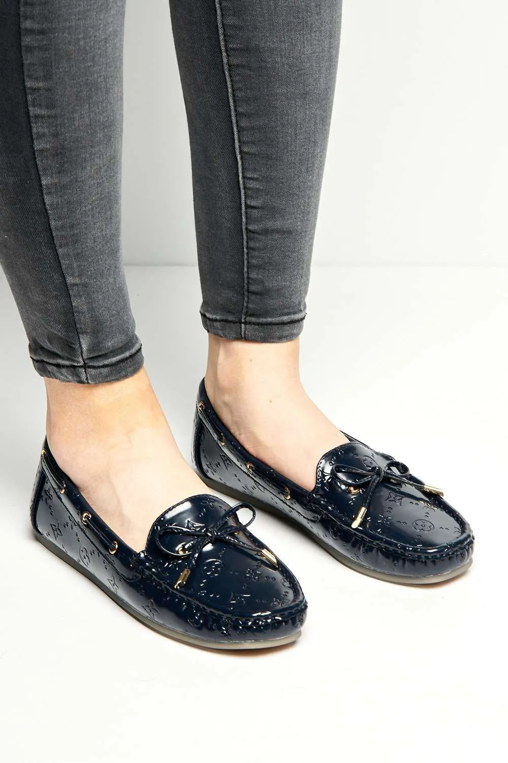 Padee Bow Detail Patterned Flat Loafers in Navy