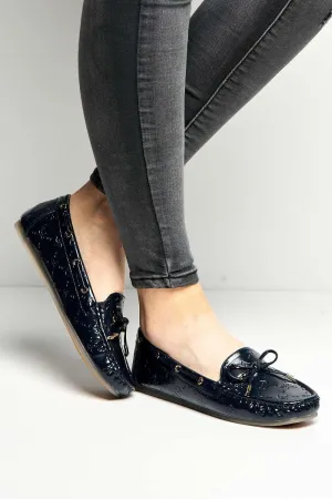 Padee Bow Detail Patterned Flat Loafers in Navy