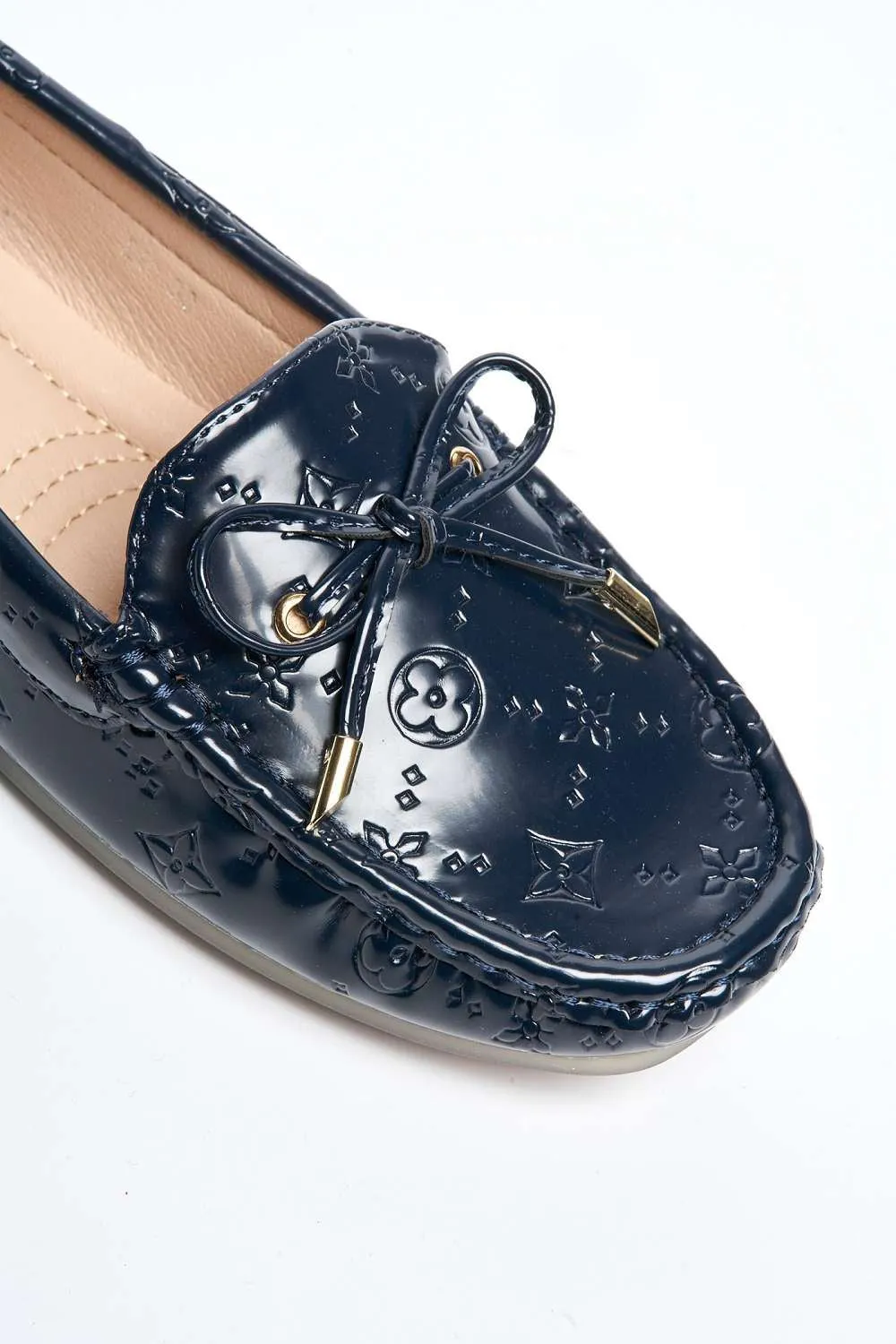 Padee Bow Detail Patterned Flat Loafers in Navy