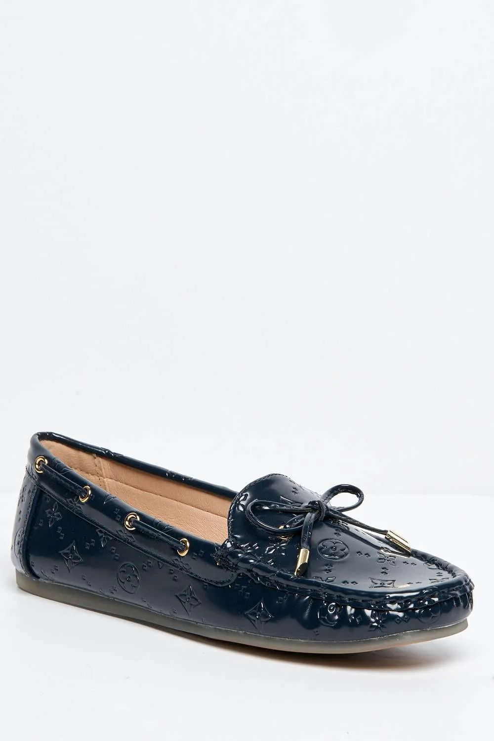 Padee Bow Detail Patterned Flat Loafers in Navy