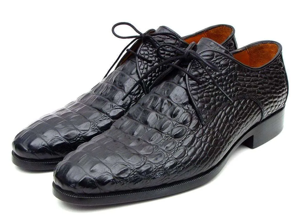 Paul Parkman Black Crocodile Embossed Derby Shoes