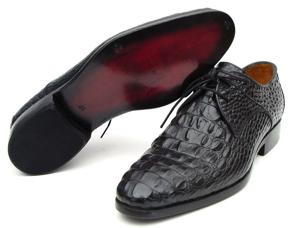 Paul Parkman Black Crocodile Embossed Derby Shoes