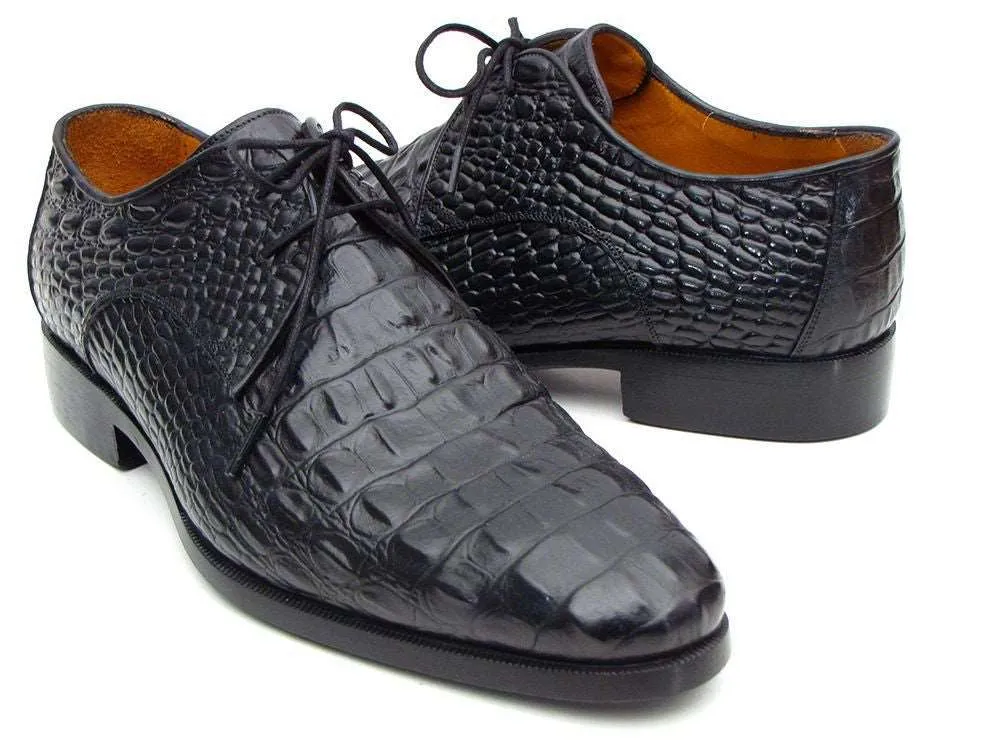 Paul Parkman Black Crocodile Embossed Derby Shoes