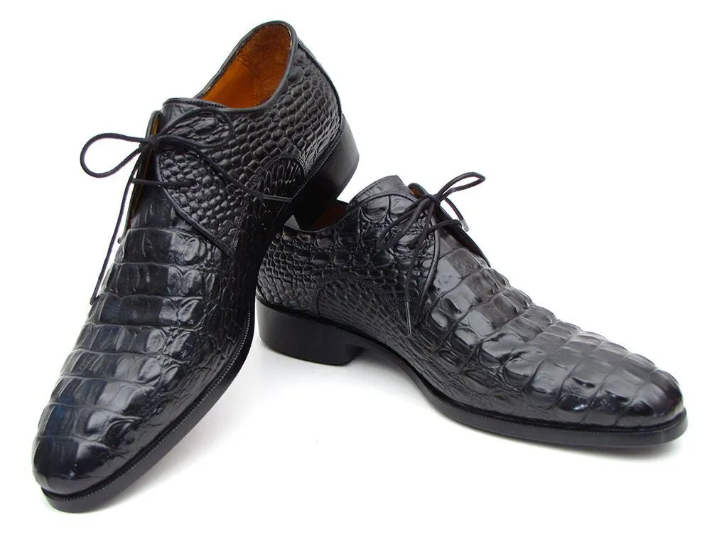 Paul Parkman Black Crocodile Embossed Derby Shoes