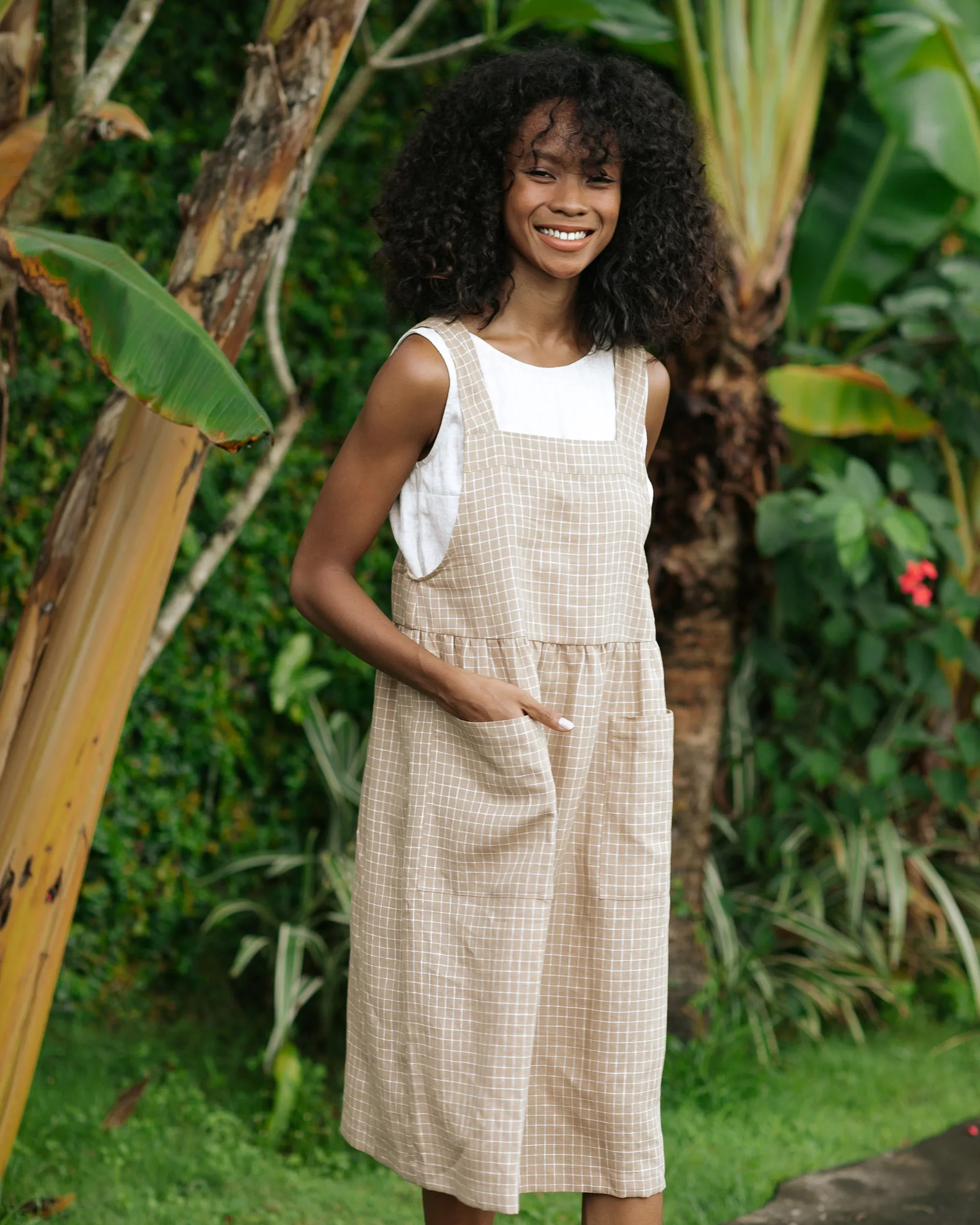 Pinafore linen dress ROATAN in Brown windowpane