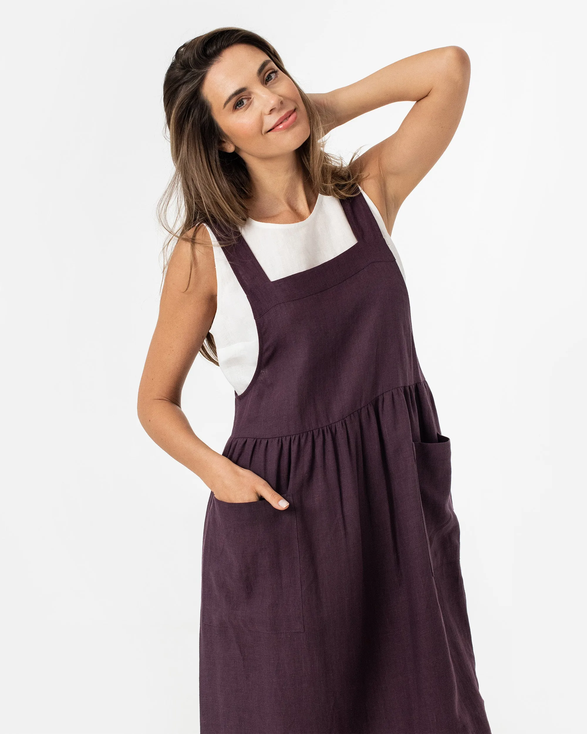 Pinafore linen dress ROATAN in Dark purple