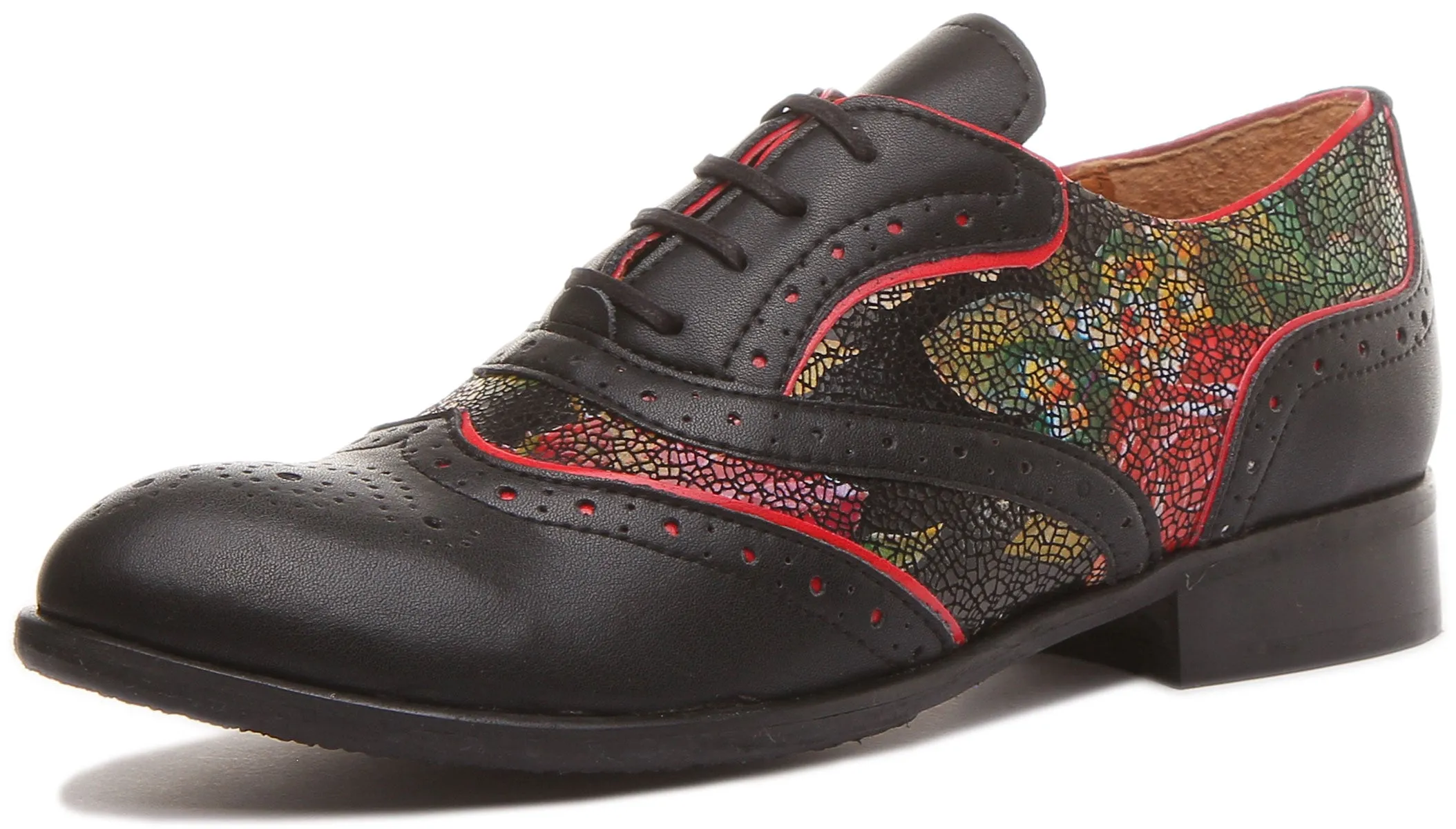 Roxana Lace up Soft Leather Brogue Shoes in Black Flower Print