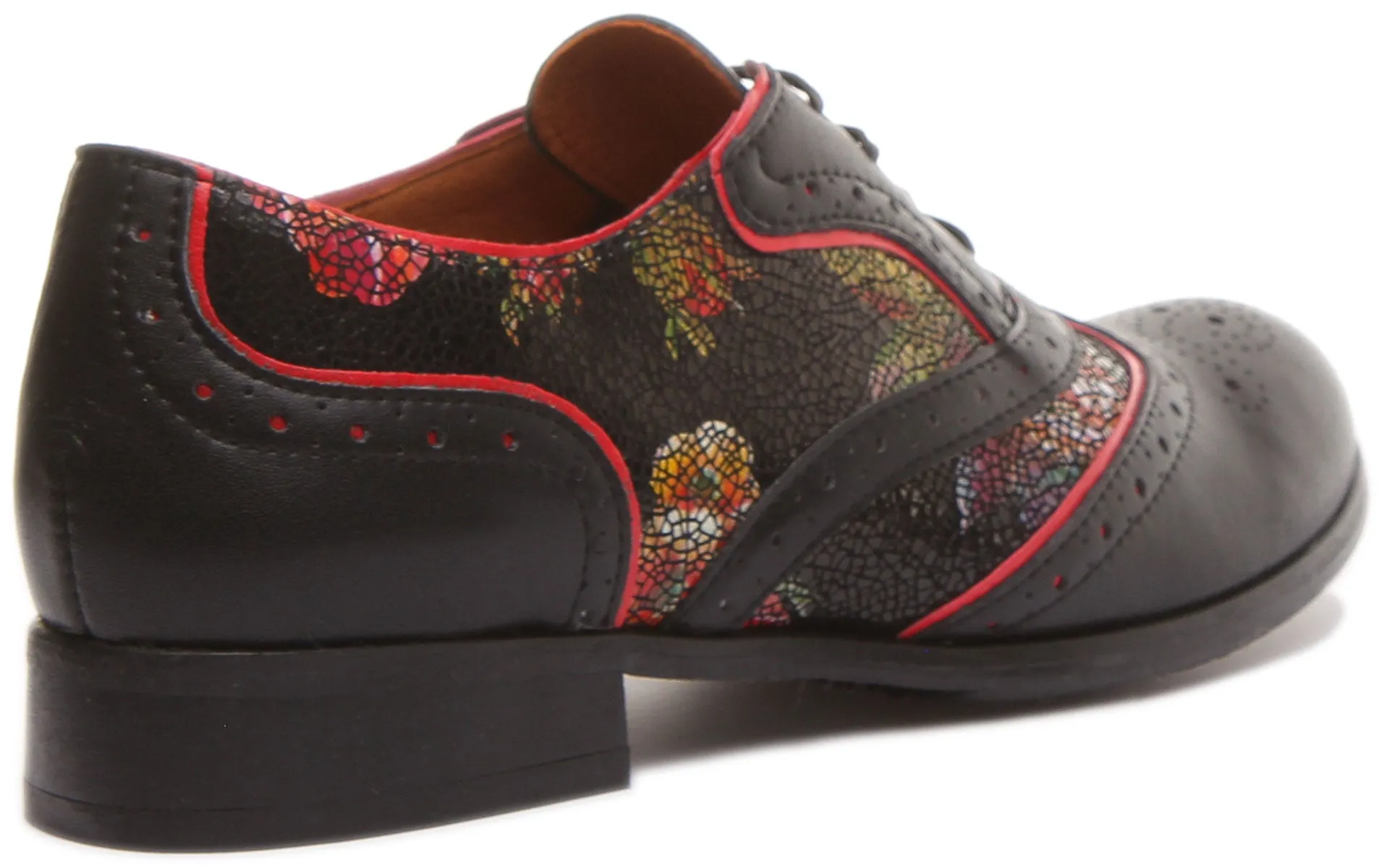 Roxana Lace up Soft Leather Brogue Shoes in Black Flower Print