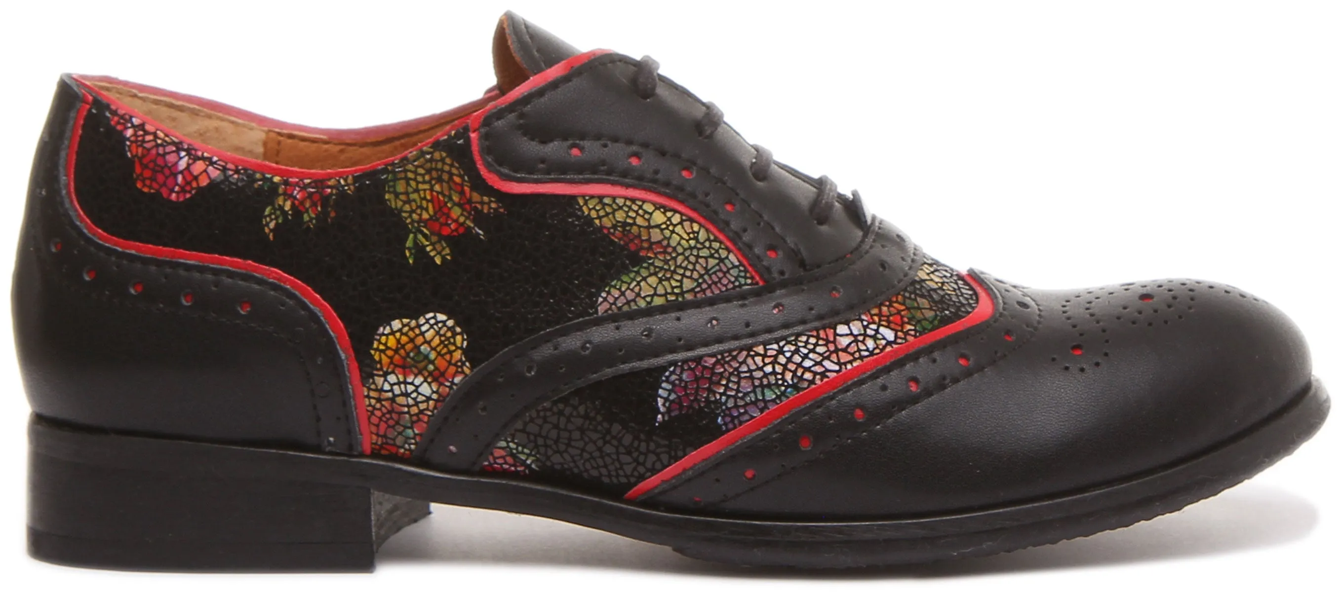 Roxana Lace up Soft Leather Brogue Shoes in Black Flower Print