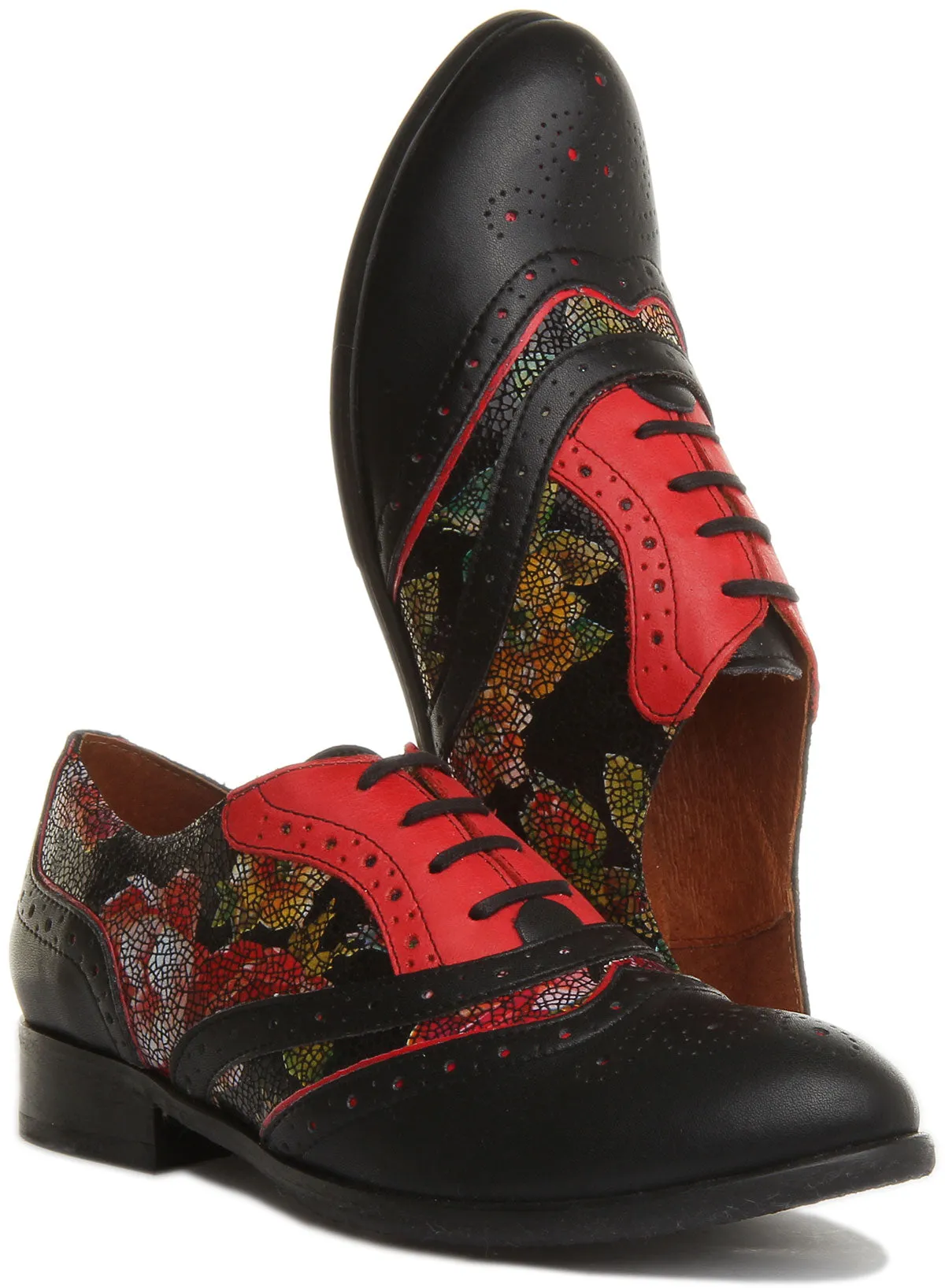 Roxana Lace up Soft Leather Brogue Shoes in Black Red