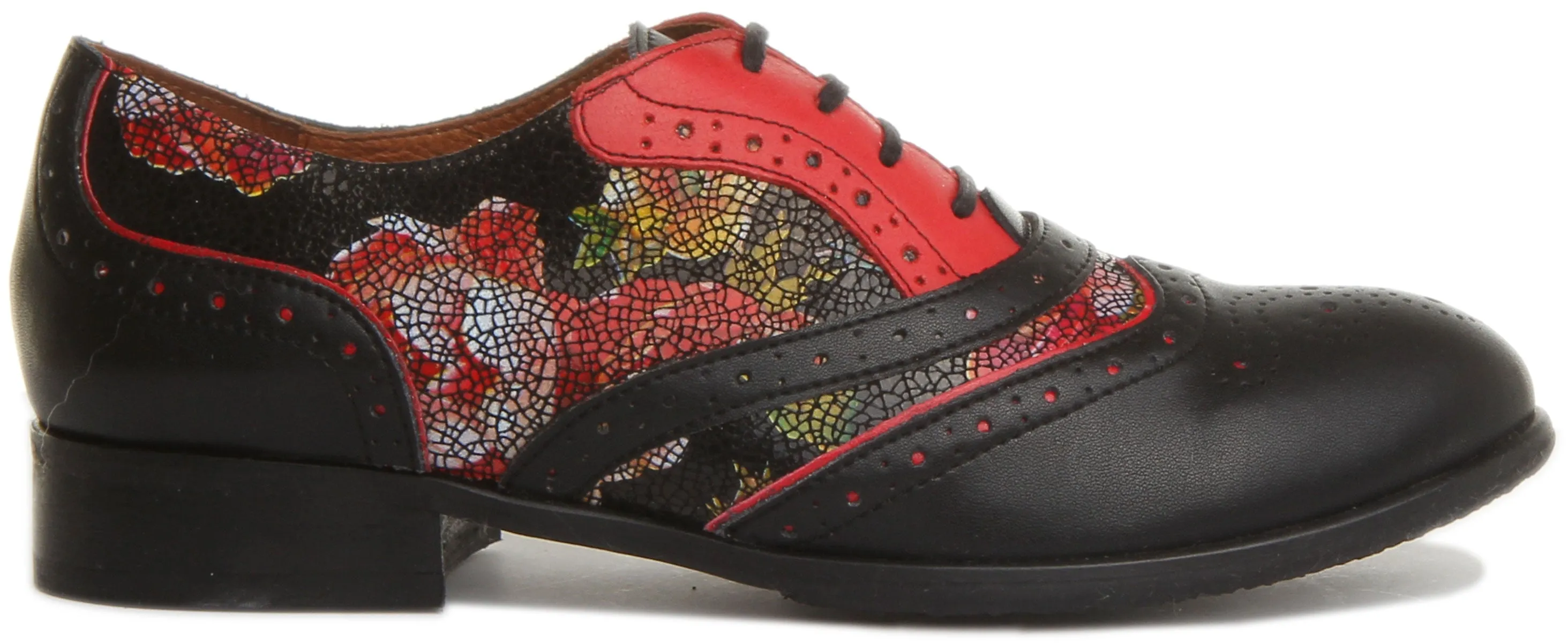 Roxana Lace up Soft Leather Brogue Shoes in Black Red