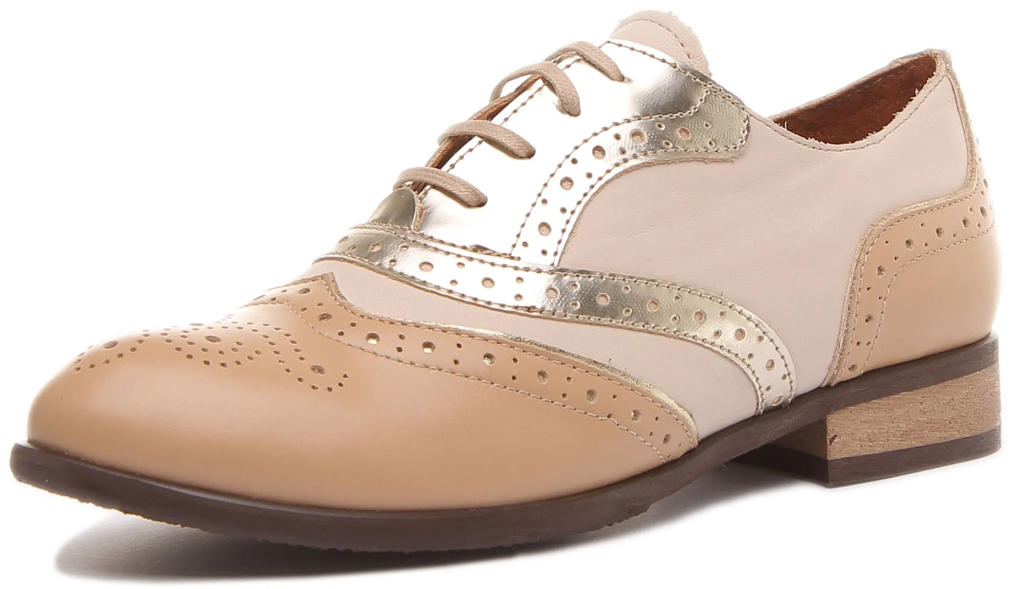 Roxana Lace up Soft Leather Brogue Shoes in Gold