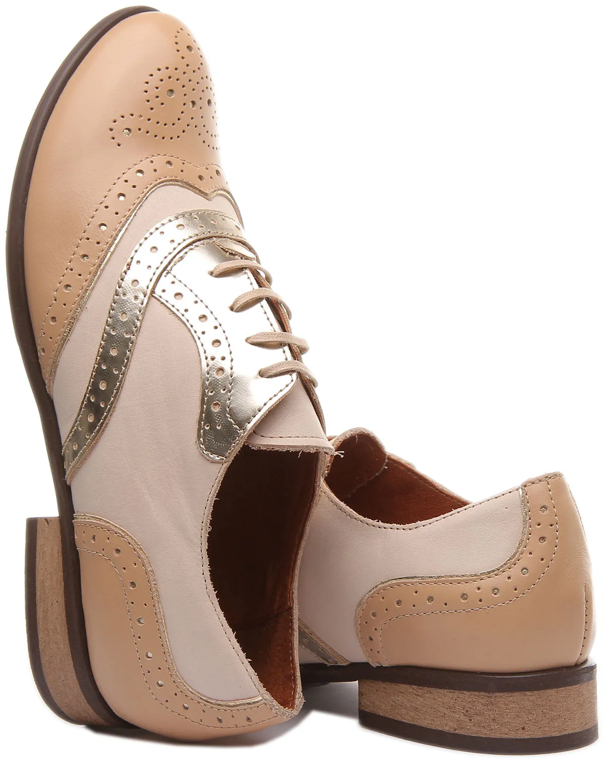 Roxana Lace up Soft Leather Brogue Shoes in Gold