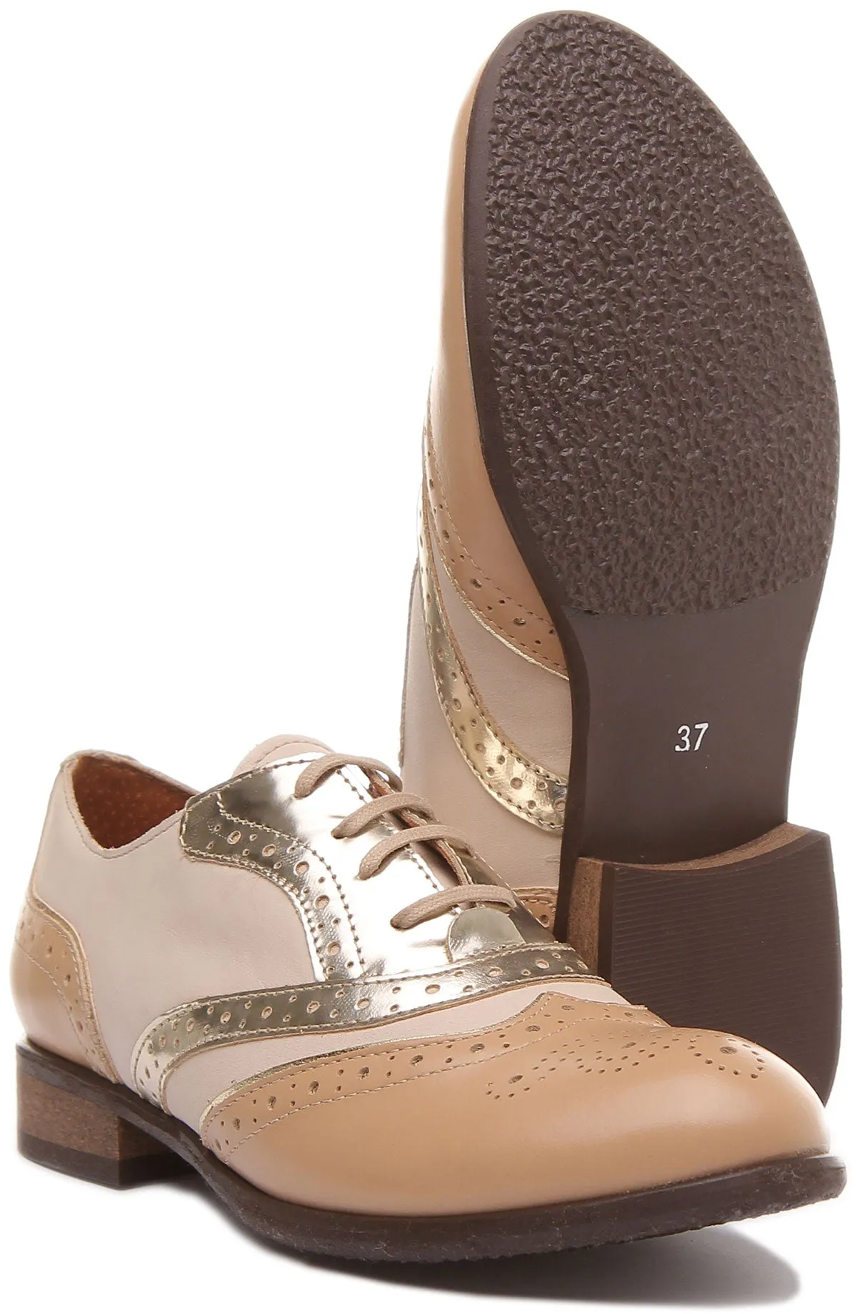 Roxana Lace up Soft Leather Brogue Shoes in Gold