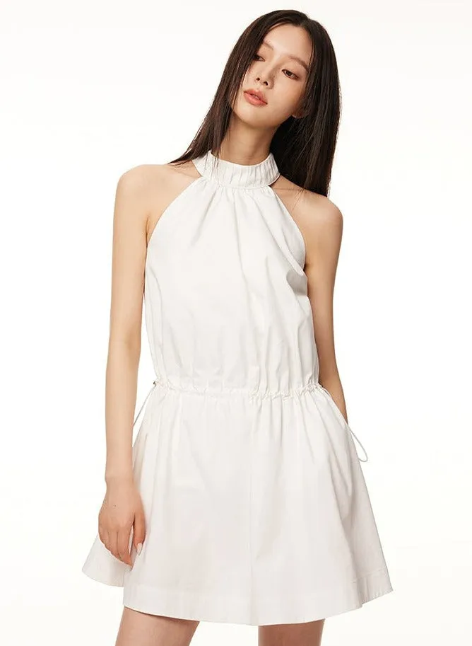 Sleeveless Halter Ruched Neck Gathered Waist Tent Dress