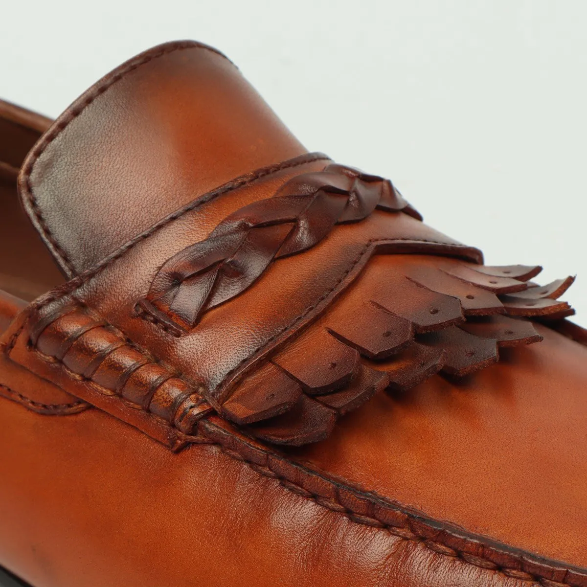 Tan Leather Dual Fringes Weaved Strip Penny Loafers by Brune & Bareskin