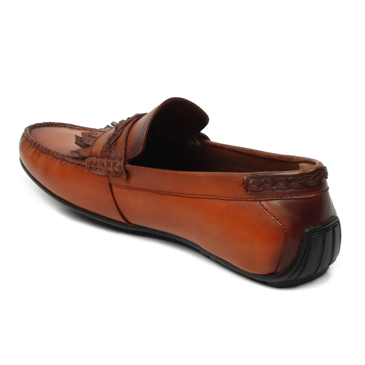 Tan Leather Dual Fringes Weaved Strip Penny Loafers by Brune & Bareskin