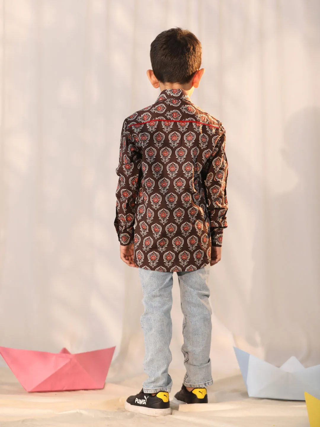 VASTRAMAY Boys' Coffee Ethnic Shirt