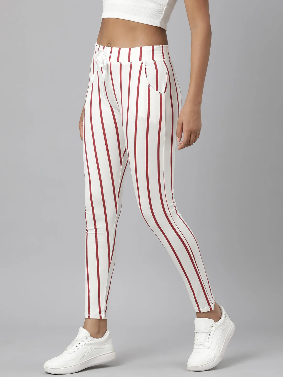 Women Maroon Striped Trackapant