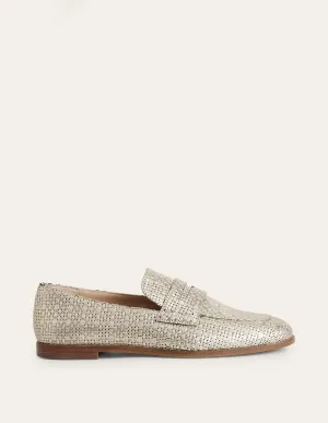 Woven Leather Loafers-Gold Weave Effect Leather